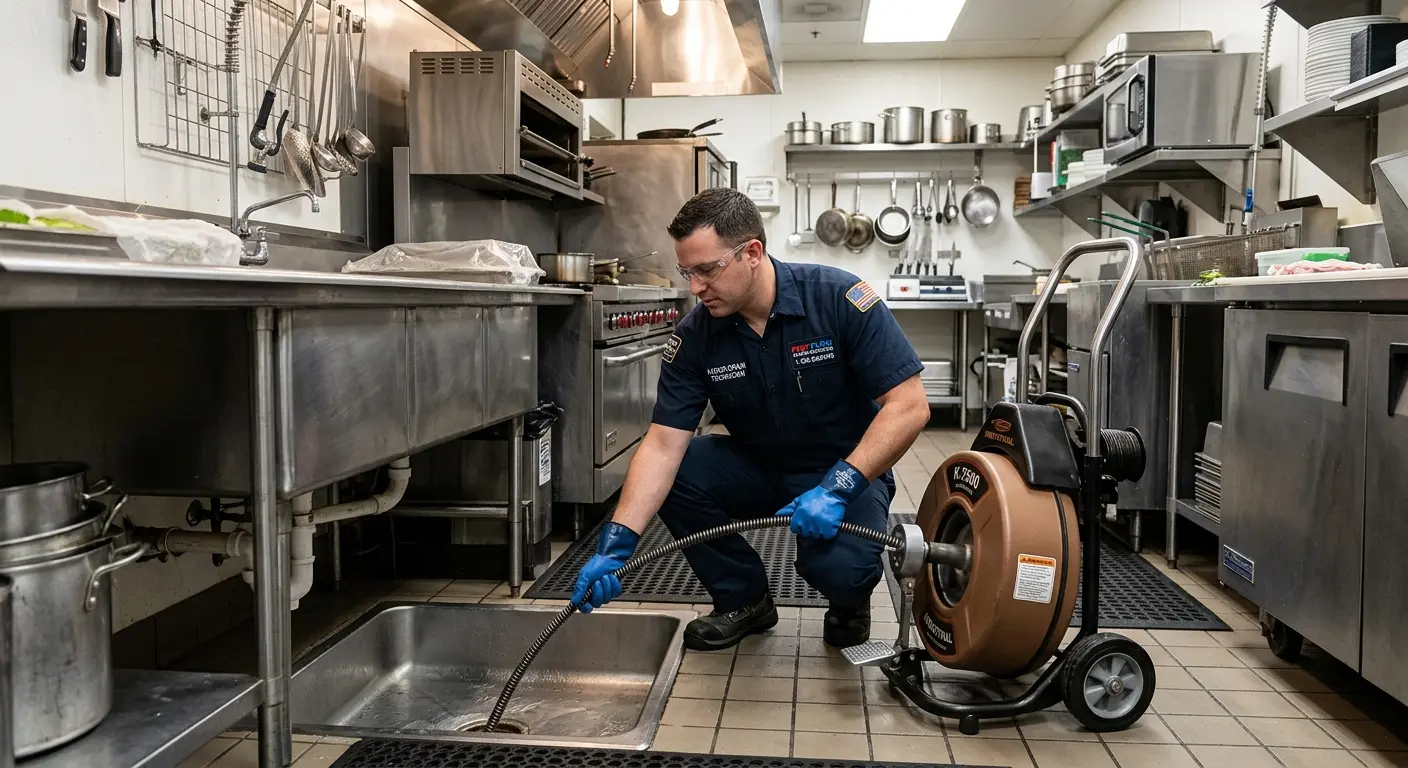 Commercial drain cleaning service in a restaurant kitchen in Highland